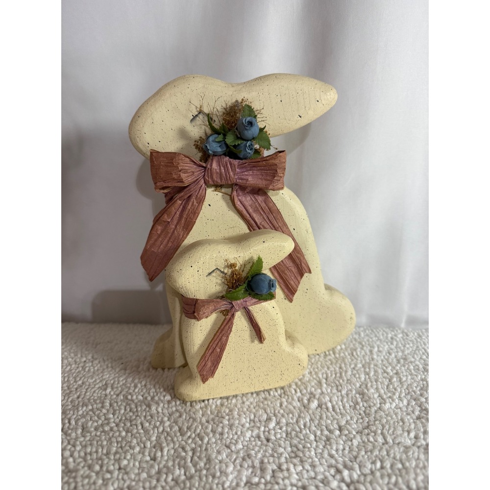 VTG Speckled Cream Bunny Figurine Set Easter Spring Decor Raffia Bows 2pc
